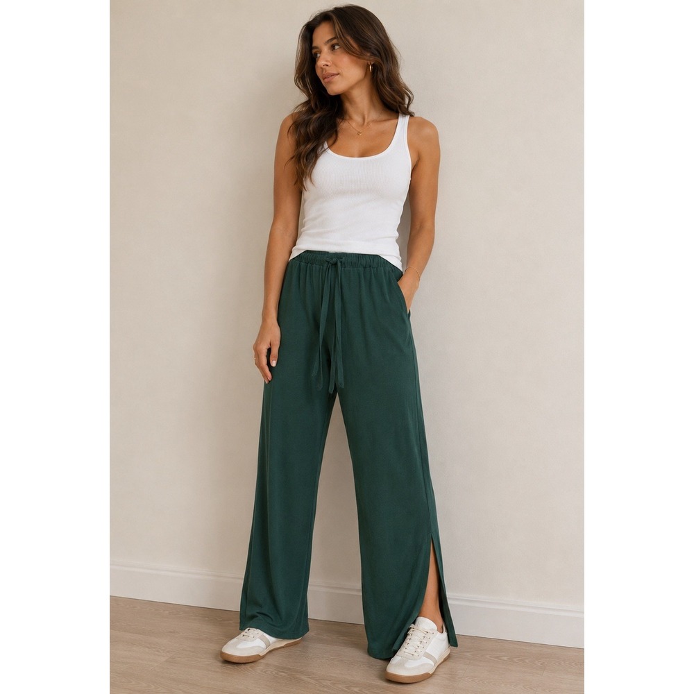 Acting Pro Wide Leg Pants Women XL Dark Green Elastic Waist Side Slit Loungewear